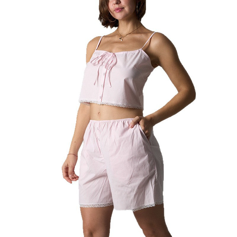FREEDOMBEAUTY | COTTON JERSEY The same STRIPES lace-up woven bow clavicle super vest lace striped set