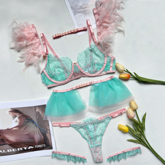 freedombeauty|High-end quality summer new feather women's lace eyelash splicing sexy underwear kit