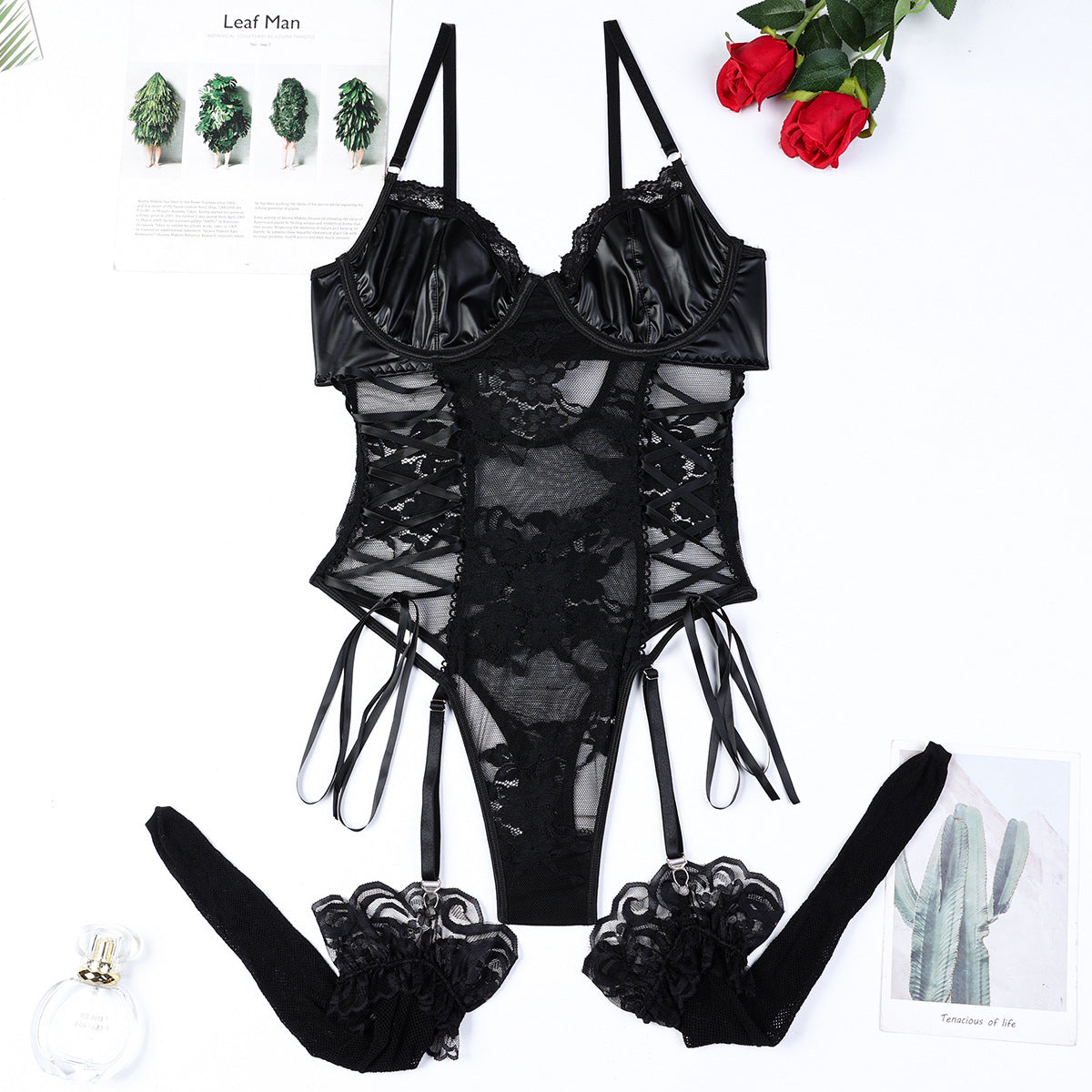 FREEDOMBEAUTY | Popular onesie lace spell PU sexy shapewear onesie suspender bow sex set 3605