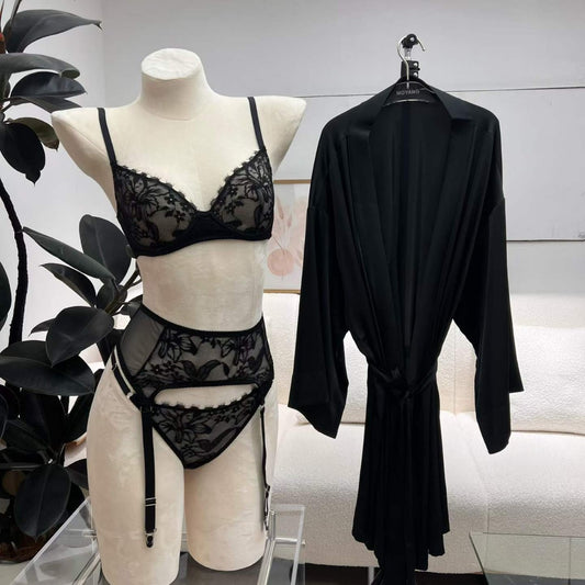 FREEDOMBEAUTY | Cross-border sexy lace underwear ultra-thin steel ring anti-sagging bra gathering bra set garter three-piece set