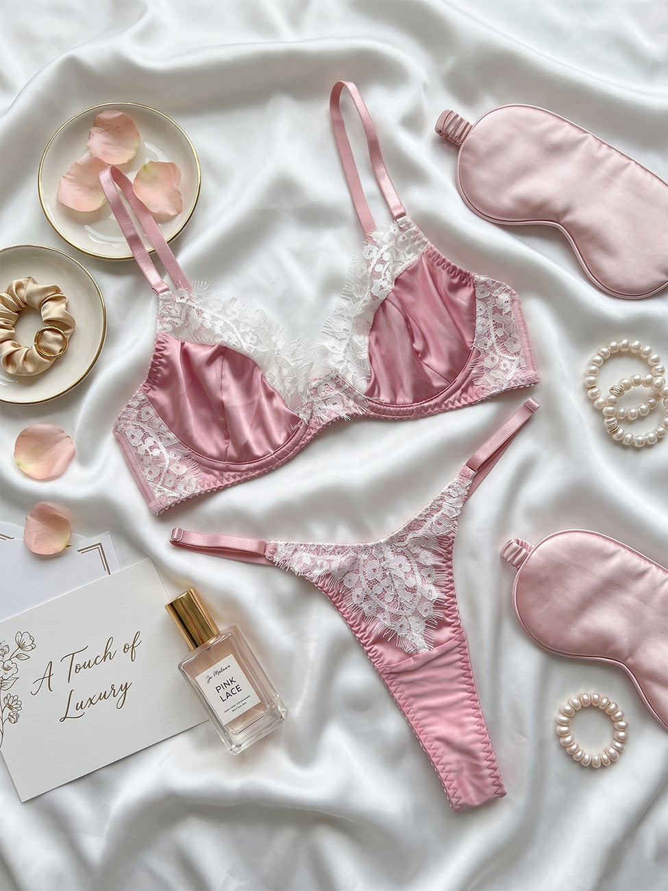 FREEDOMBEAUTYDIER Cross-border wholesale pink bra thong set, eyelash lace splicing erotic underwear set