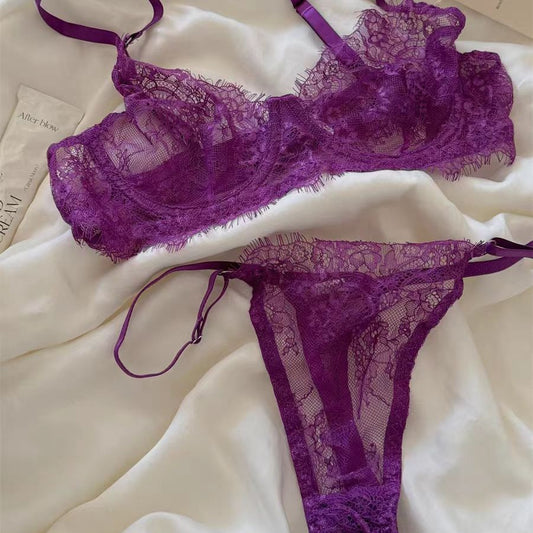 FREEDOMBEAUTY | Ultra-thin sexy lace French bra, crystal cup underwear, big breasts are small, no sponge with steel ring, small breasts gather