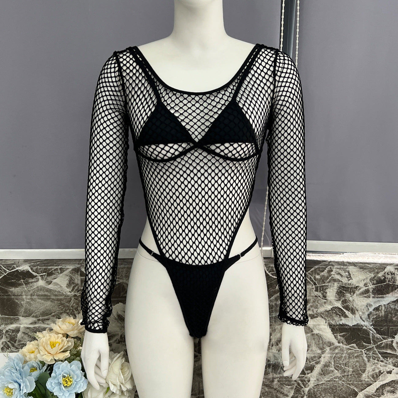 FREEDOMBEAUTY | One piece of European and American women's fishing net leggings + bra + underwear three-piece set