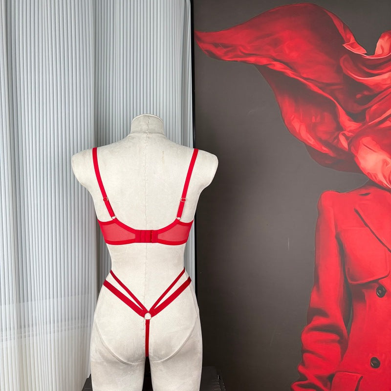 FREEDOMBEAUTY | FQ2887 Red velvet embroidery mesh sexy perspective women's bra steel rim thin set European and American foreign trade cross-border
