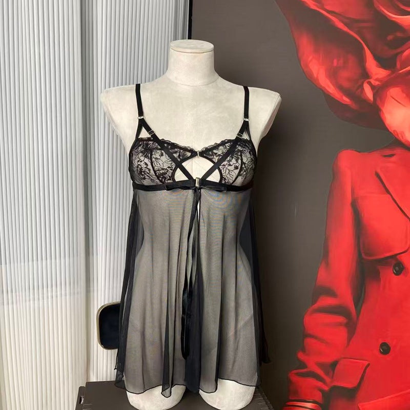 FREEDOMBEAUTY | FQ287234 Embroidery Underwear Set Series Mesh Perspective Sex Underwear Waist Women's Nightdress Cross-border Black