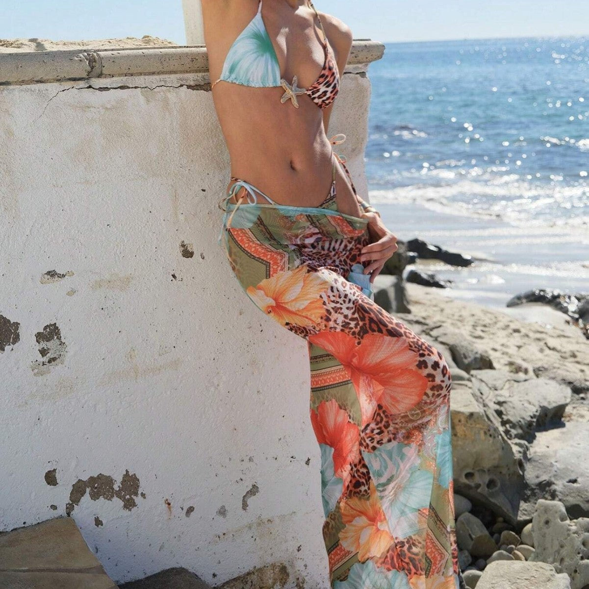 FREEDOMBEAUTY | 2025 Printed Triangle Cup Sexy Quick-Drying Blouse Long Dress Bikini Three-Piece Factory Swimsuit Women