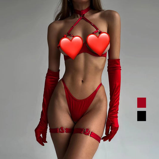 freedombeauty|Fun tassel underwear steel ring mesh hollowed underwear set sexy kit