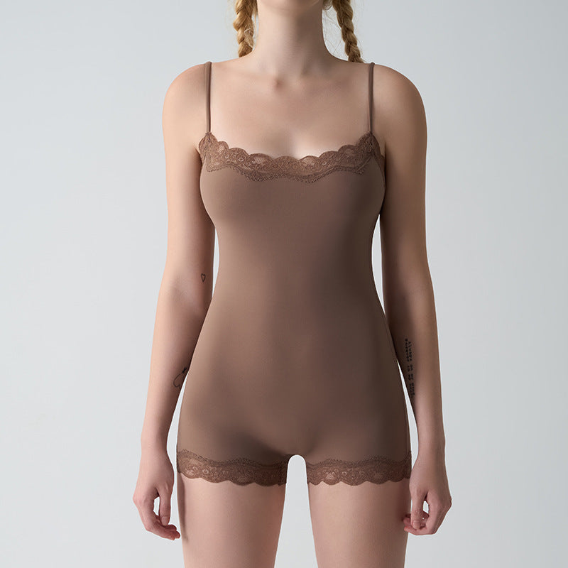 Freedombeauty | Sexy lace adjustable suspenders slim back onesie nude flat crotch breathable hip lift onesie