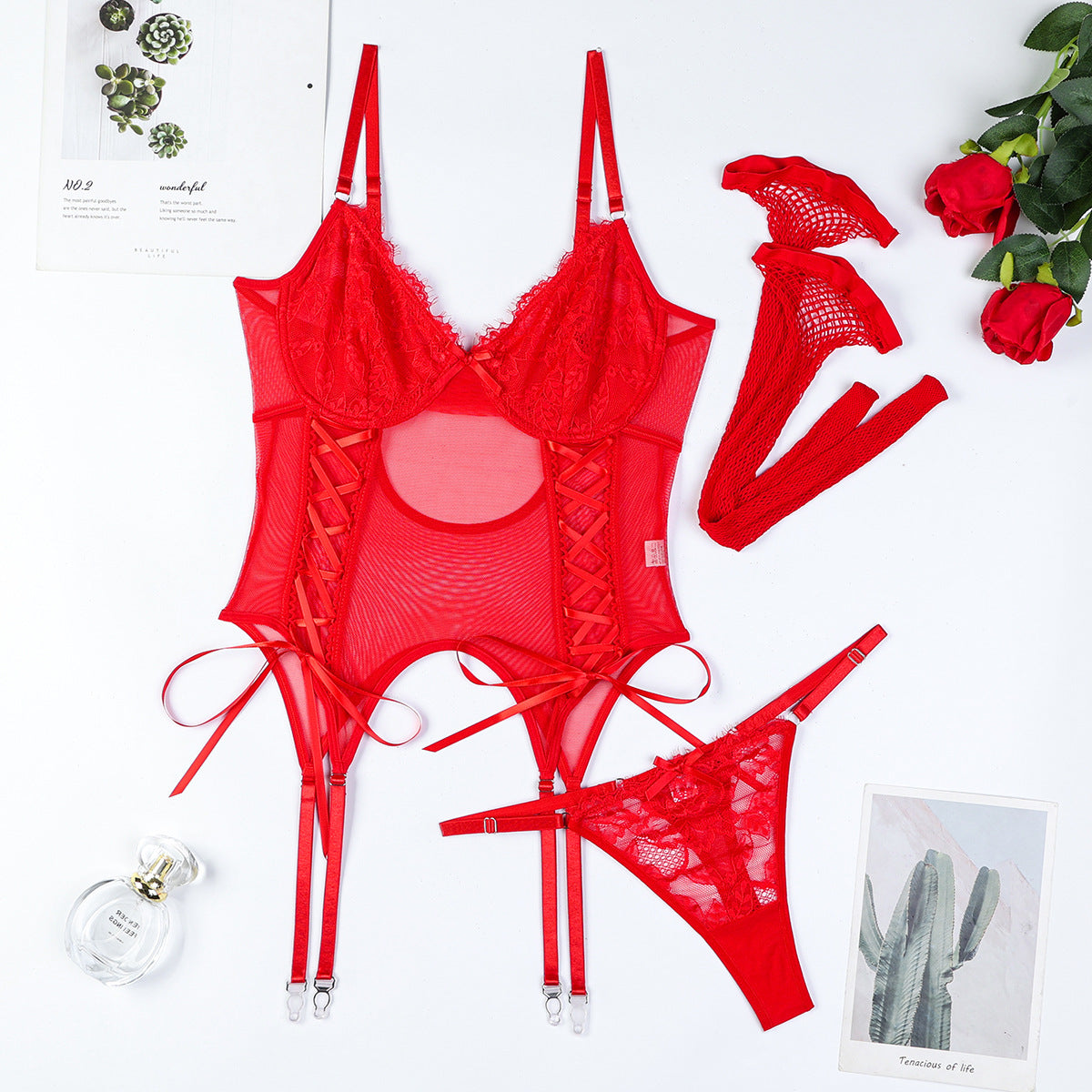 FREEDOMBEAUTY | European and American erotic sexy underwear lace splicing straps bow mesh perspective suspenders two-piece stockings 3756