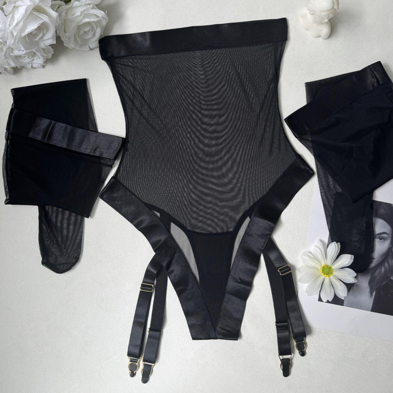 FREEDOMBEAUTY | Women's mesh see-through onesie off-the-shoulder high-slits lingerie, sexy stockings