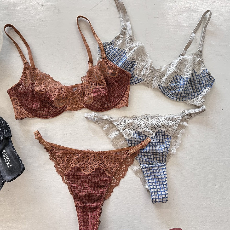 FREEDOMBEAUTY | Plaid lace bra European and American sexy French underwear thin big breasts small anti-sagging gathered bra set