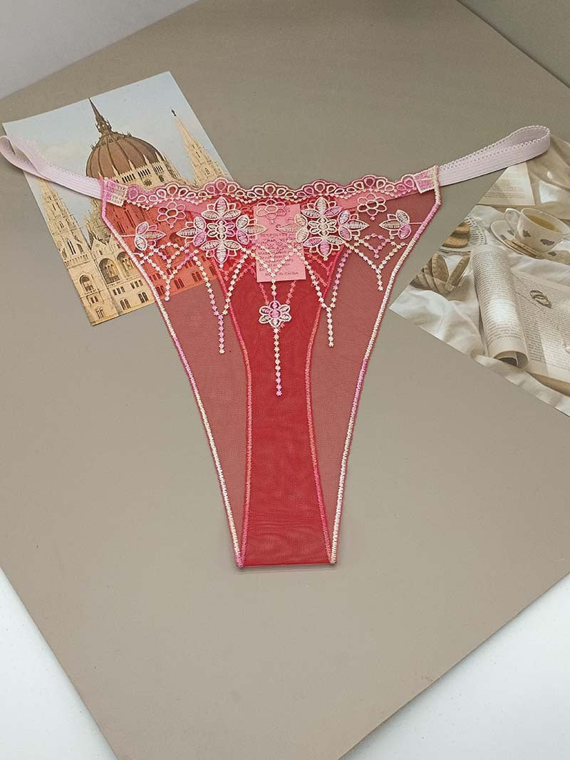 FREEDOMBEAUTY | Triple color green purple pink yellow transparent red mesh pattern embroidery sexy hollow women's sex thong cross-border