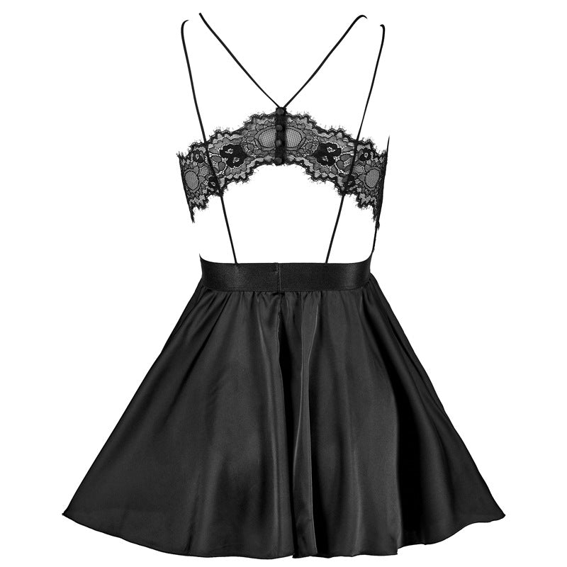 FREEDOMBEAUTY | FQ2662 Satin satin fine suspender lace halter dress women's nightdress dating European and American sexy little black dress