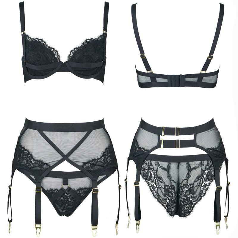 Freedombeauty | FQ2824 Lash Lace Elastic Memory Steel Rim Double Layer Micro-Collect Bra Set Garter Sparkle Mesh Black