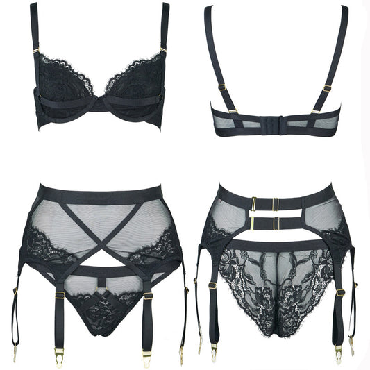 Freedombeauty | FQ2824 Lash Lace Elastic Memory Steel Rim Double Layer Micro-Collect Bra Set Garter Sparkle Mesh Black