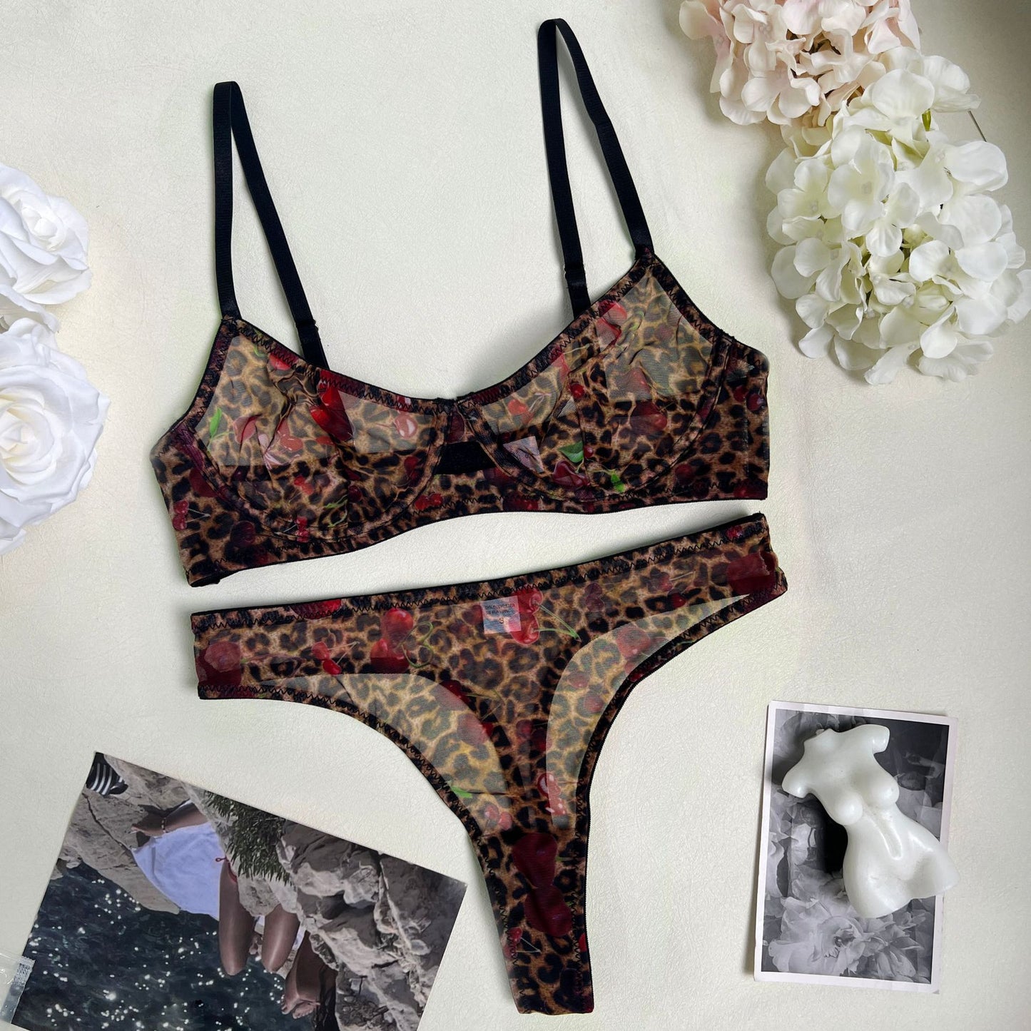 freedombeauty|Sexy leopard print underwear, French bra, ultra-thin mesh sex set, perspective.