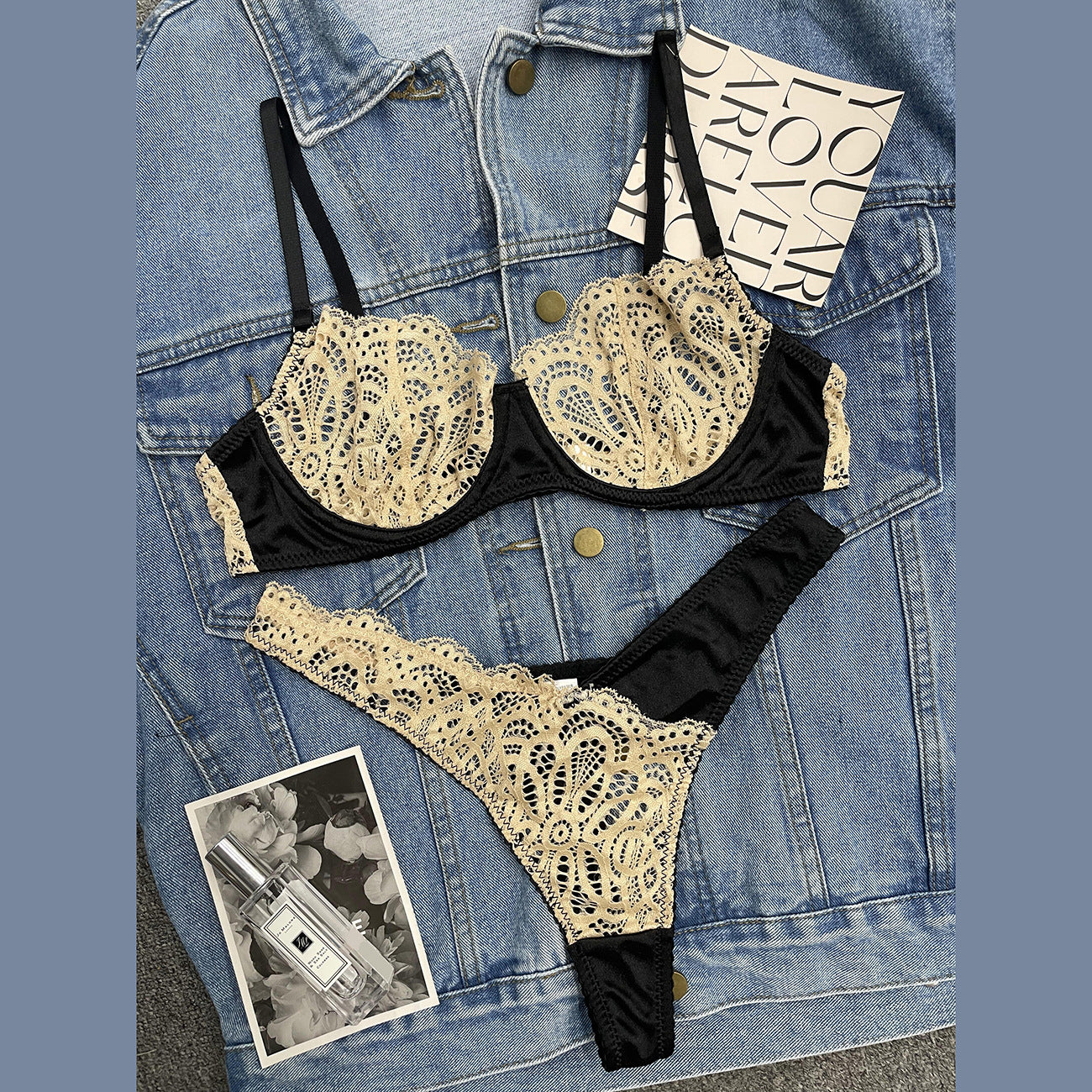 freedombeauty|New color matching lace mesh sex set perspective sexy two-piece set women