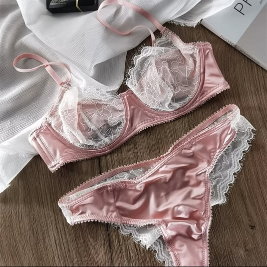 Freedombeauty | Contrasting color splicing anti-bumping ultra-thin breathable underwear French bra lace with steel ring large chest small sex suit