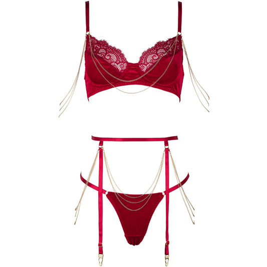 Freedombeauty | FQ2927 Premium Velvet Lace Removable Gold Chain Steel Pallet French Bra Set Low Waist Briefs
