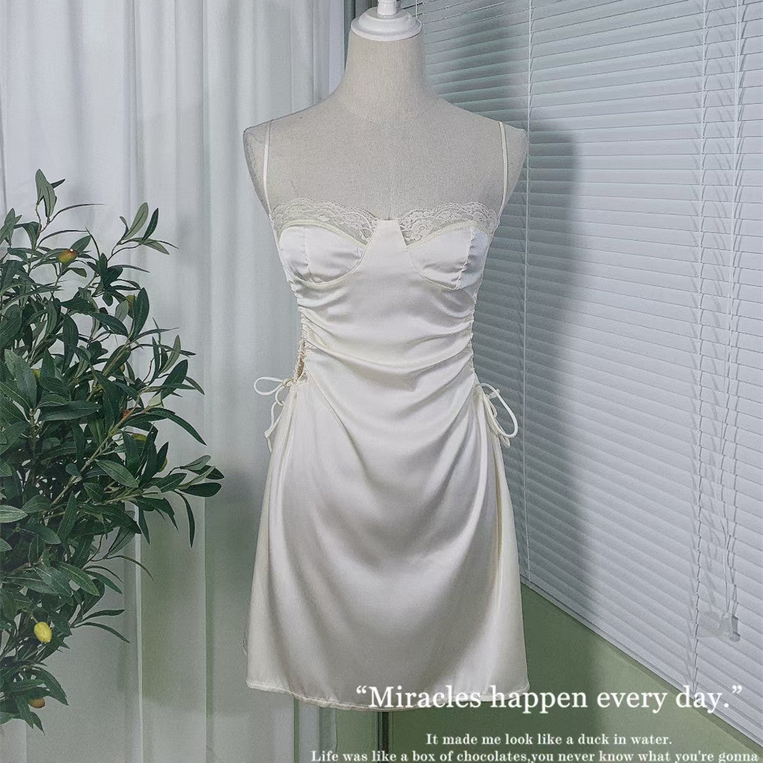 Freedombeauty | Sexy sex nightdress solid color elegant temptation cute drawstring hollow ice silk comfortable suspender pajamas single skirt