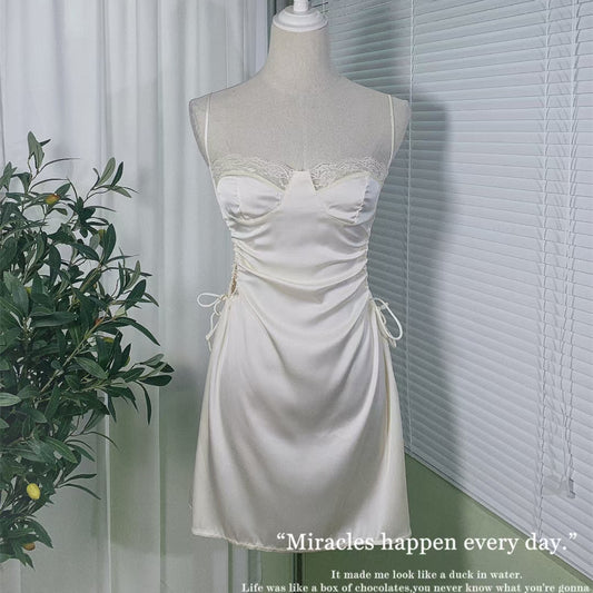 Freedombeauty | Sexy sex nightdress solid color elegant temptation cute drawstring hollow ice silk comfortable suspender pajamas single skirt