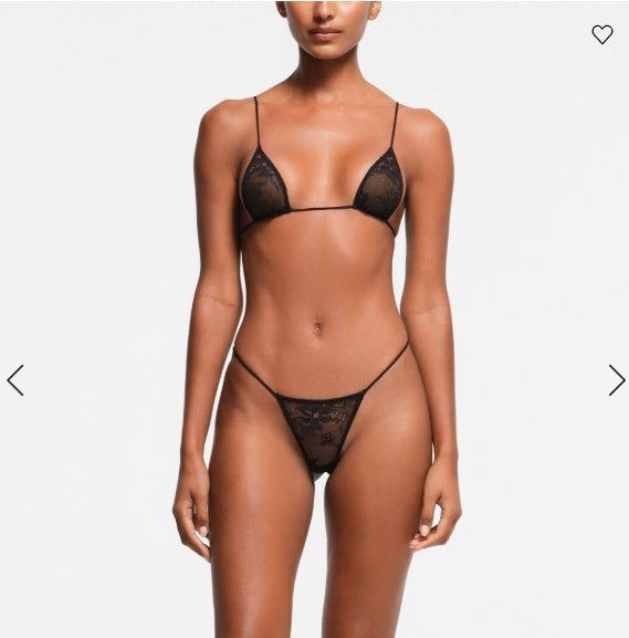 FREEDOMBEAUTY | T223 SKIMS Lace Low Waist Thong Women's T Black Elastic Ultra-thin Cross-Border Bikini Three-Point Sex