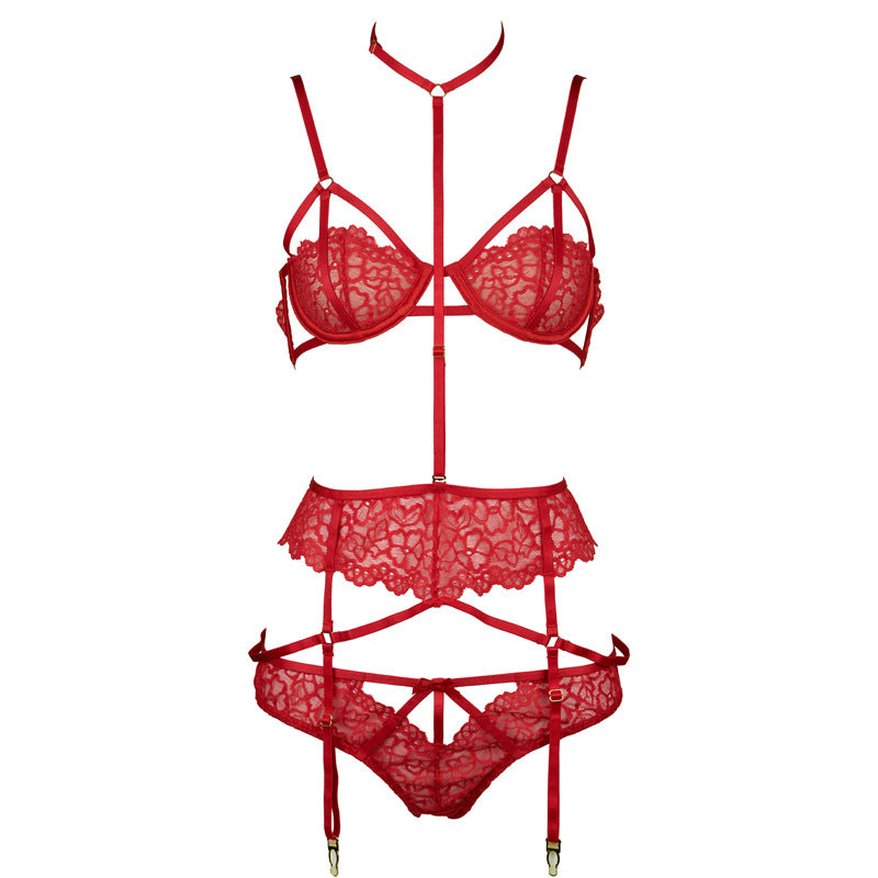 FREEDOMBEAUTY | FQ2770M205 Valentine's Day red lace steel rim double-layer bra neck garter belt low-rise briefs set