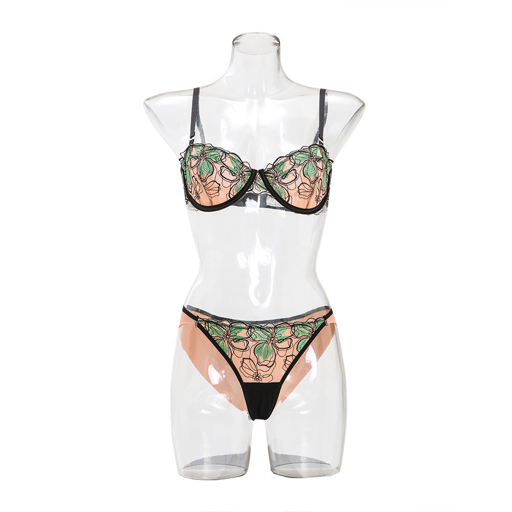 FREEDOMBEAUTY | Sexy underwear cross-border lace embroidery ultra-thin large chest shows small steel ring gathering bra set Lingerie