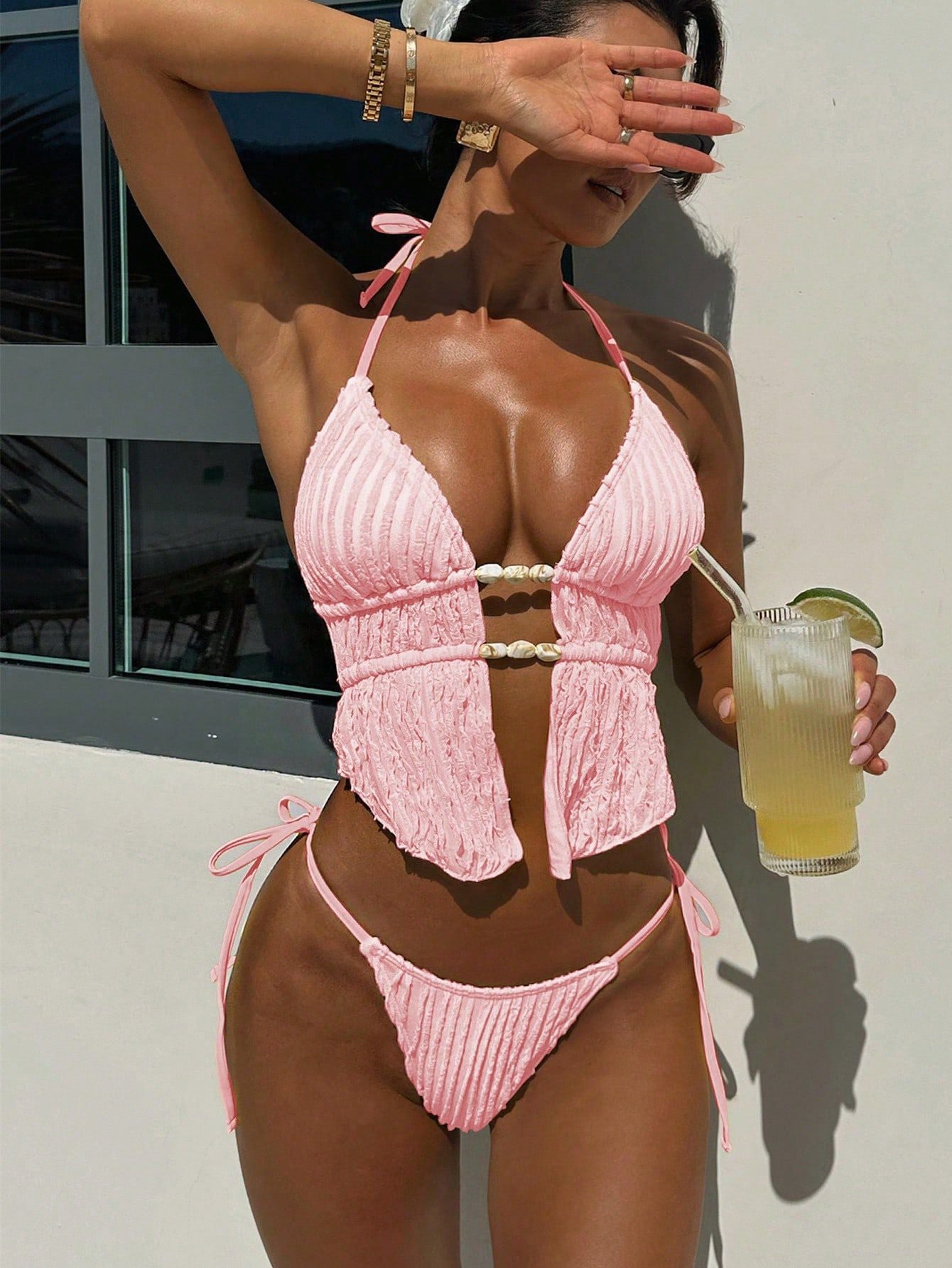 FREEDOMBEAUTY | Venetian fabric split bikini suit lace-up swimsuit women's swimwear, factory wholesale direct sales