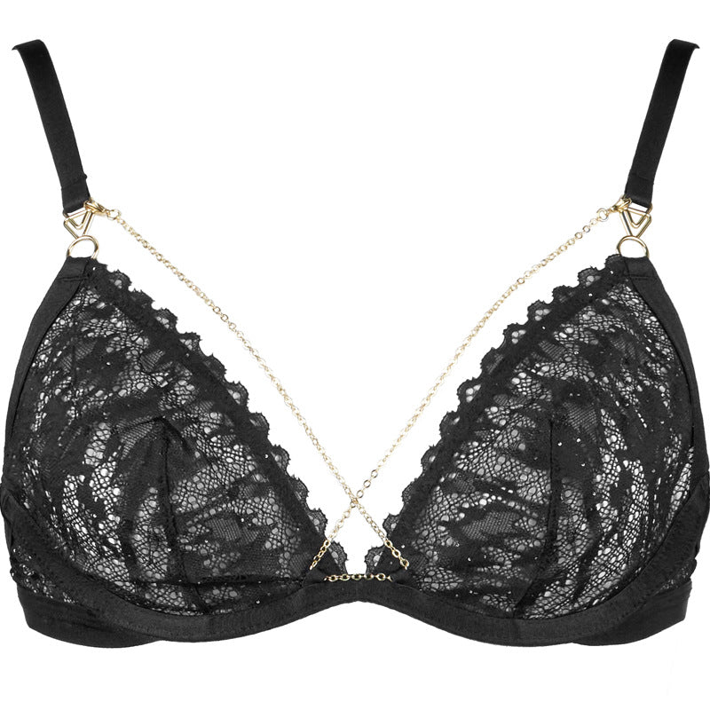 Freedombeauty | FQ2852 French lace triangle cup soft steel rim perspective chain bra thong garter black lingerie