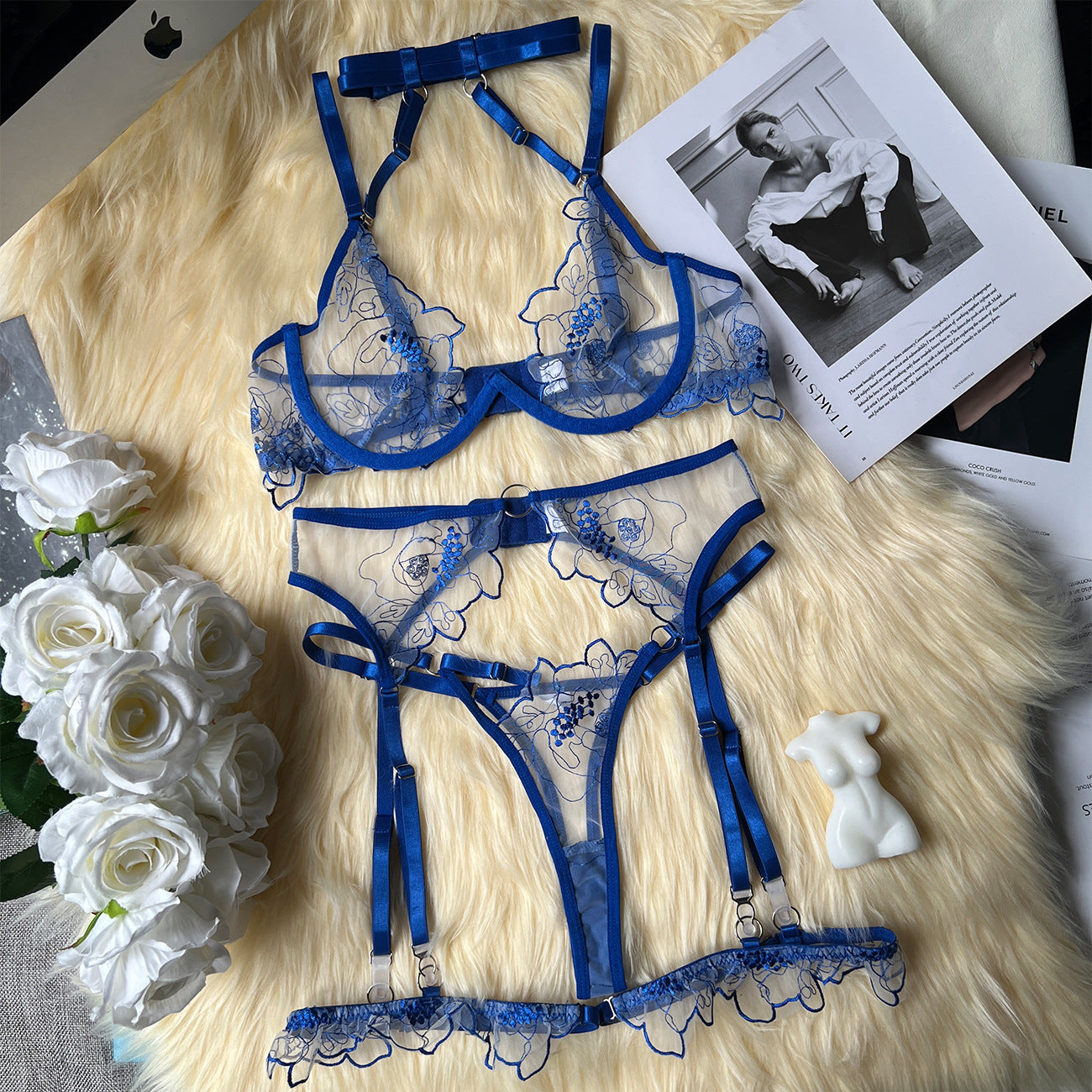 freedombeauty|Sexy seduction mesh heavy industry embroidery bra kit