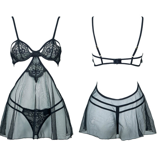 Freedombeauty | FQ2908 eyelash lace rim mesh suspender nightdress black sexy nightdress hollow low waist open crotch thong