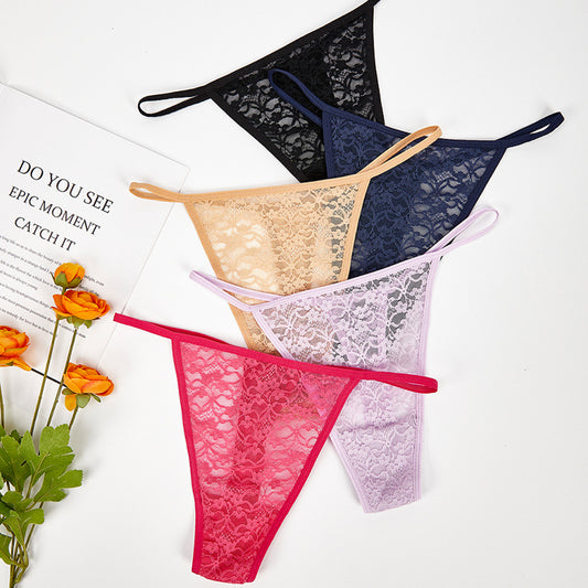 FREEDOMBEAUTY | Cross-border foreign trade interest temptation lace thong women, sexy transparent mesh embroidered underwear low-rise thin belt T-pants