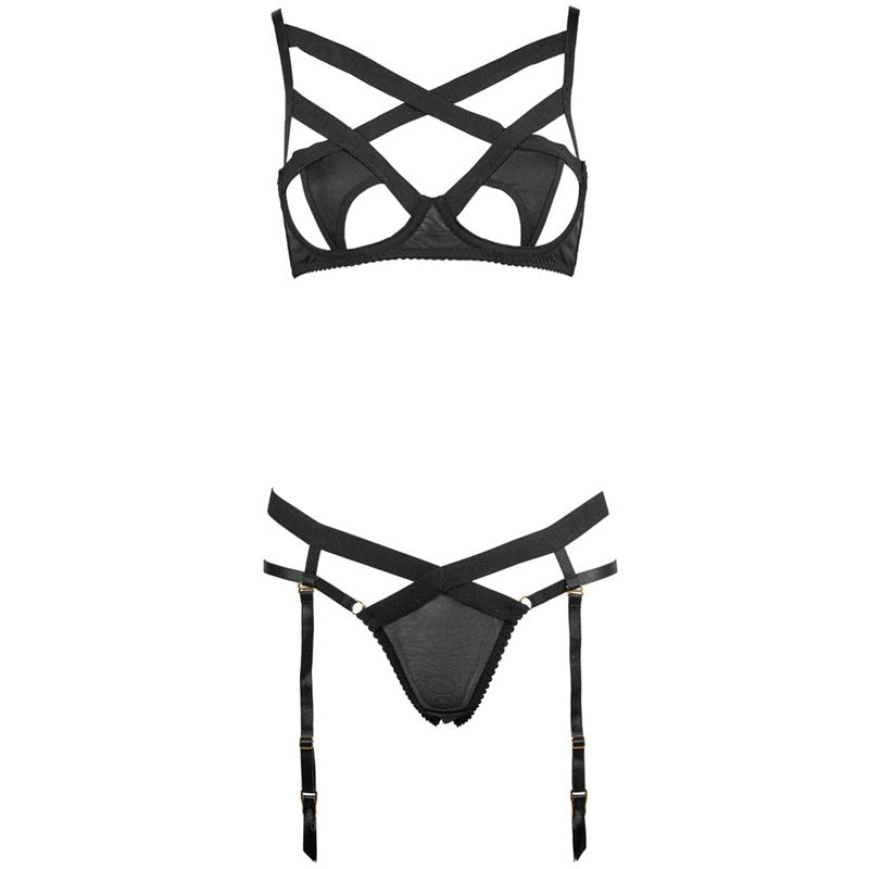 FREEDOMBEAUTY | FQ2657 Cross Strap Hollow Rim Bra Set Women's Sexy Removable Garter Briefs Low Waist Black