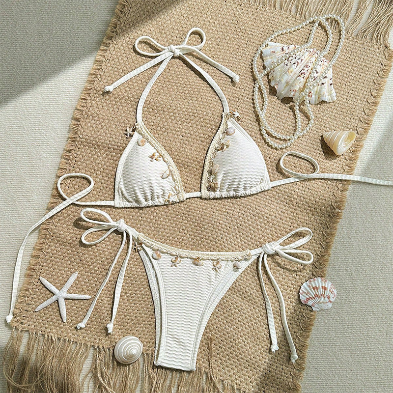 FREEDOMBEAUTY | 2025 new European and American shell lace-up bikini swimsuit women's beach hot spring bikini swimsuit