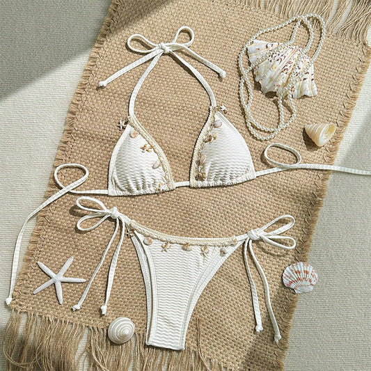 FREEDOMBEAUTY | 2025 new European and American shell lace-up bikini swimsuit women's beach hot spring bikini swimsuit