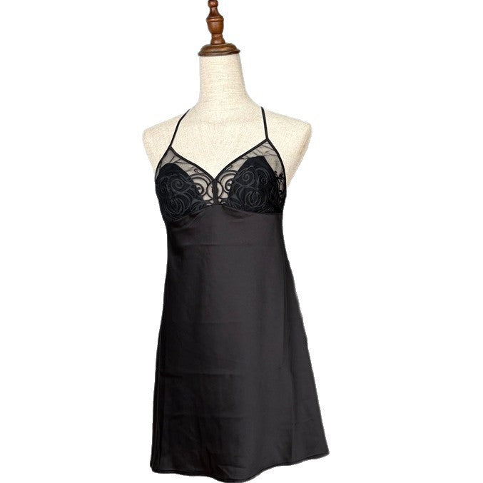 FREEDOMBEAUTY | FQ2802 Laser Embroidery Premium Satin Suspender Nightdress Light Luxury Homewear Sexy Nightdress Women's Skin Tone Black