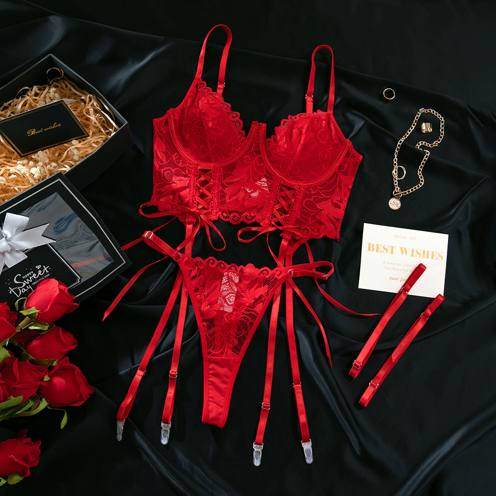 FREEDOMBEAUTY | European and American foreign trade sexy suspender vest corset lace half cup fishbone steel ring gathering strap comfortable underwear