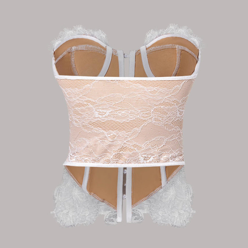 FREEDOMBEAUTY | Cross-border European and American lace hollow back sling vest women's summer low-cut fish bone thin sexy top tube top bundle