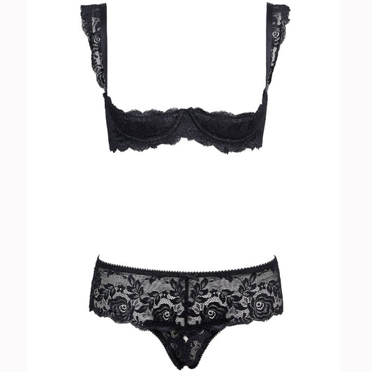 FREEDOMBEAUTY | FQ2618 Lace Sleeves Sponge Chest Pad Free Panties Sex Lingerie Set Female Seduction Black Stockings