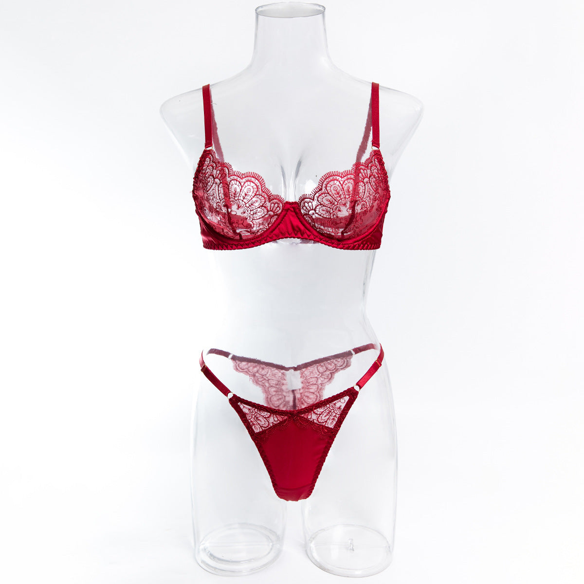 FREEDOMBEAUTY | Cross-border new flower embroidery set, sexy see-through mesh yarn, big breasts show small gathering bra, erotic two-piece set for women