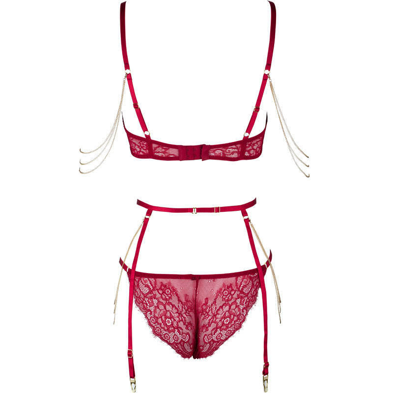 Freedombeauty | FQ2927 Premium Velvet Lace Removable Gold Chain Steel Pallet French Bra Set Low Waist Briefs