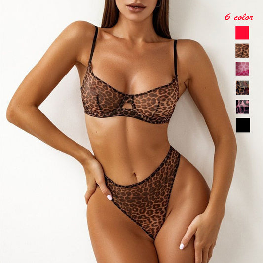 freedombeauty|Sexy leopard print underwear, French bra, ultra-thin mesh sex set, perspective.