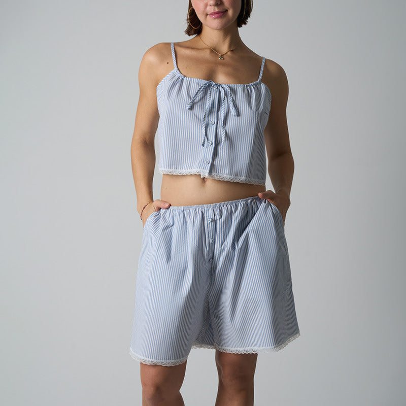 FREEDOMBEAUTY | COTTON JERSEY The same STRIPES lace-up woven bow clavicle super vest lace striped set