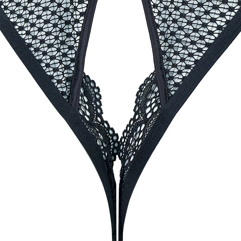 FREEDOMBEAUT | FQ2828 Flower Mesh Metal Heart Button Crotch onesie black sexy see-through female seduction sex cross