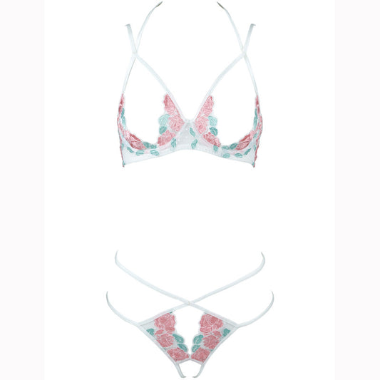 FREEDOMBEAUTY | FJ306 Rose Embroidery Polka Dot Mesh Steel Torch Open Crotch Set Hollow Sexy Pure Lust Bra Ladies White