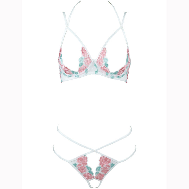 FREEDOMBEAUTY | FJ306 Rose Embroidery Polka Dot Mesh Steel Torch Open Crotch Set Hollow Sexy Pure Lust Bra Ladies White