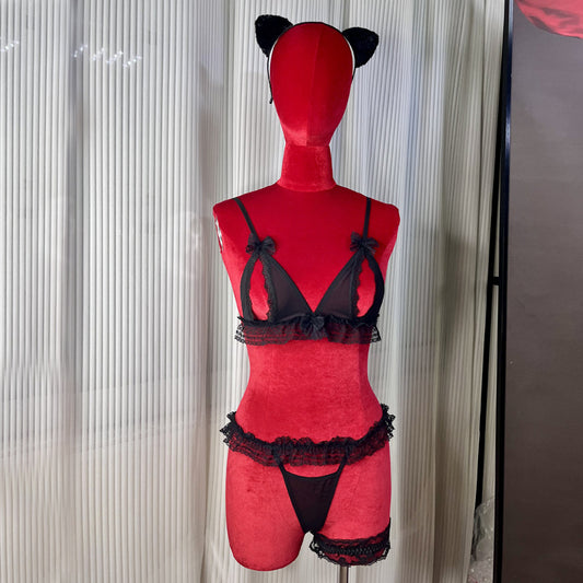 FREEDOMBEAUTY | FQ2940 Lace bow pleated edge three-point bra panties leg ring cat ears cute sex suit