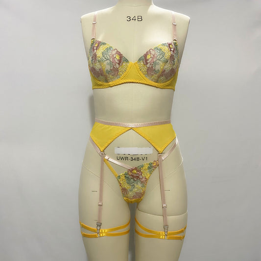 FREEDOMBEAUTY | European and American cross-border AliExpress Amazon explosive products exquisite embroidered flower bra set perspective sexy underwear set
