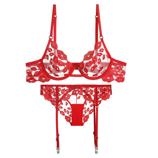 FREEDOMBEAUTY | New environmentally friendly recycled material European and American cross-border sexy bra women's suit red lip Valentine's Day underwear panties thong
